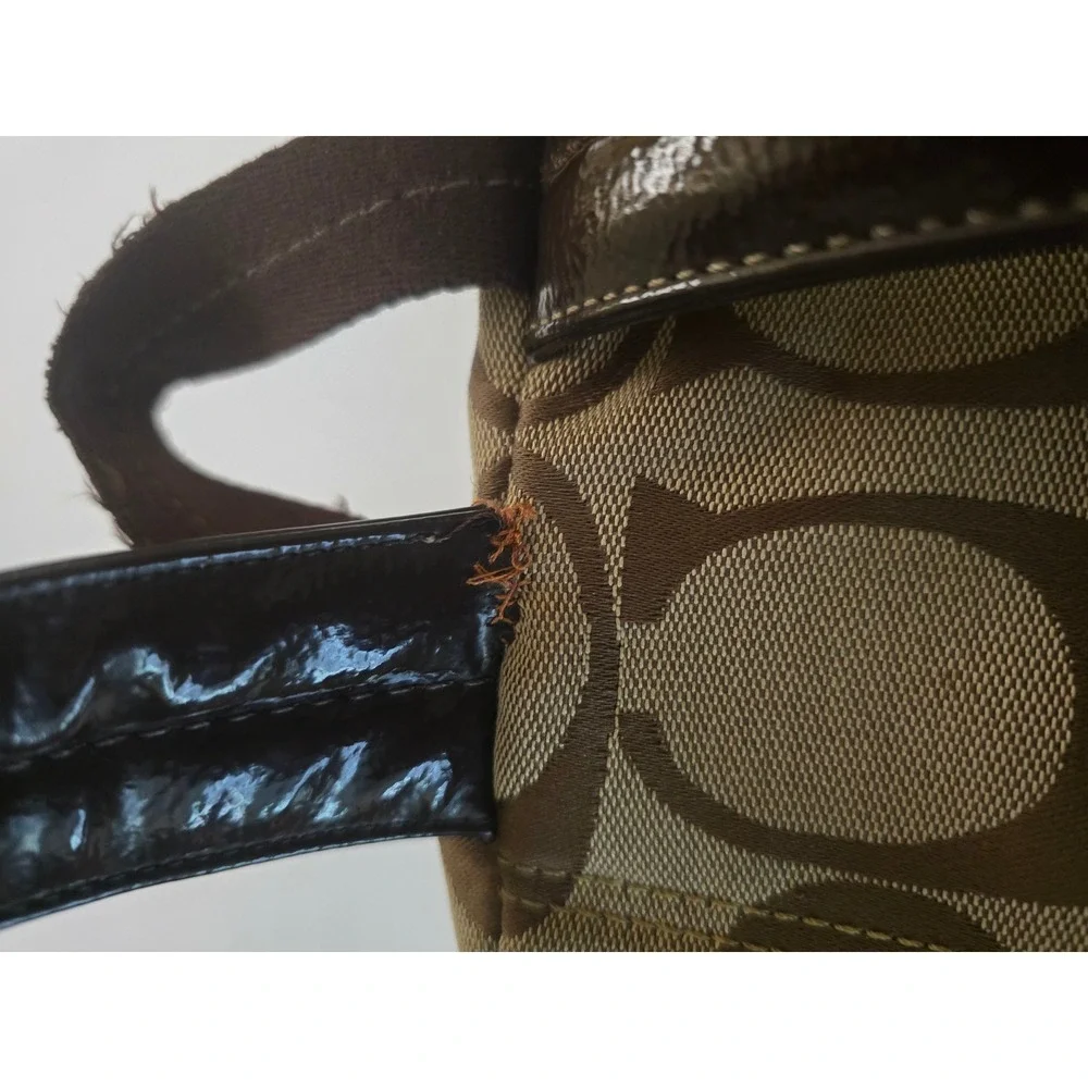 Coach Vintage Y2K Signature Jacquard Canvas Backpack Brown Tan Purple Pom Detail